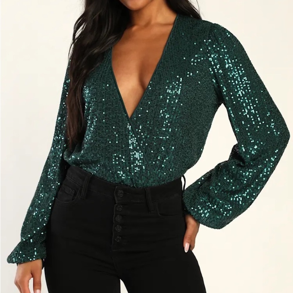 Lulu's Green Sequin Fitted Long Sleeve Blouse Bodysuit Party Birthday Sz Small